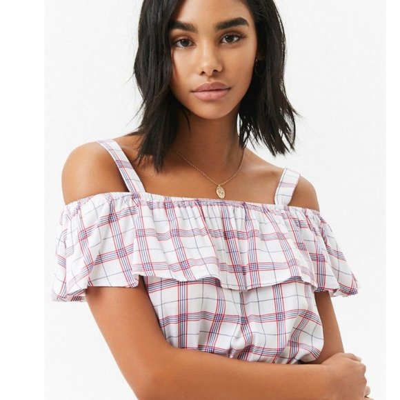 Forever 21 Tops - NWT Open-Shoulder Flounce Plaid Crop Top forever21